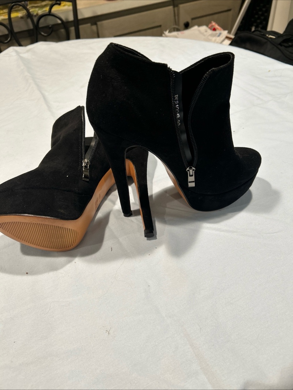 Primark Black Suede High Heel Platform Ankle Boots with Side Zip